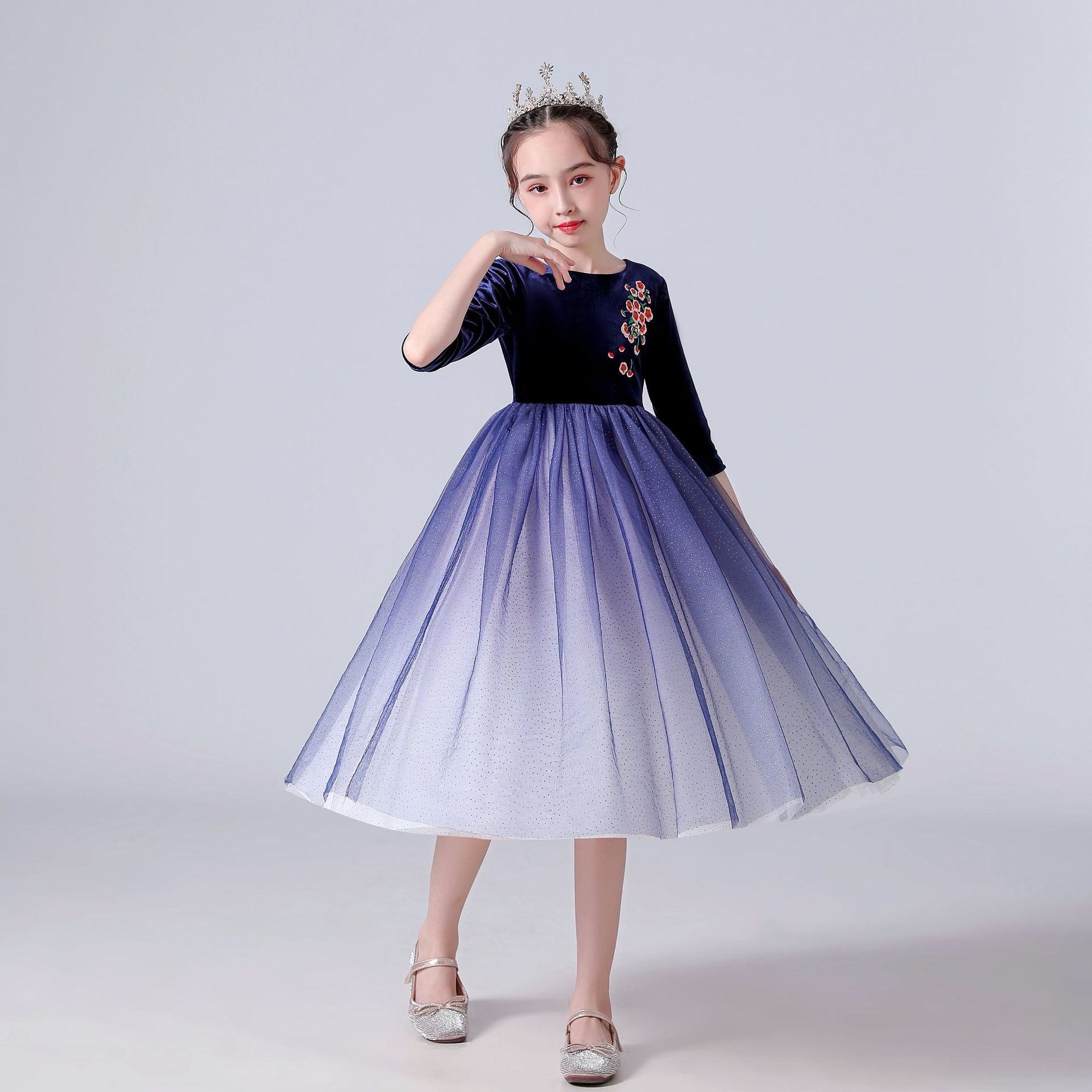 Kid Girls Princess Medium Long Sleeve Mesh Velvet Dresses