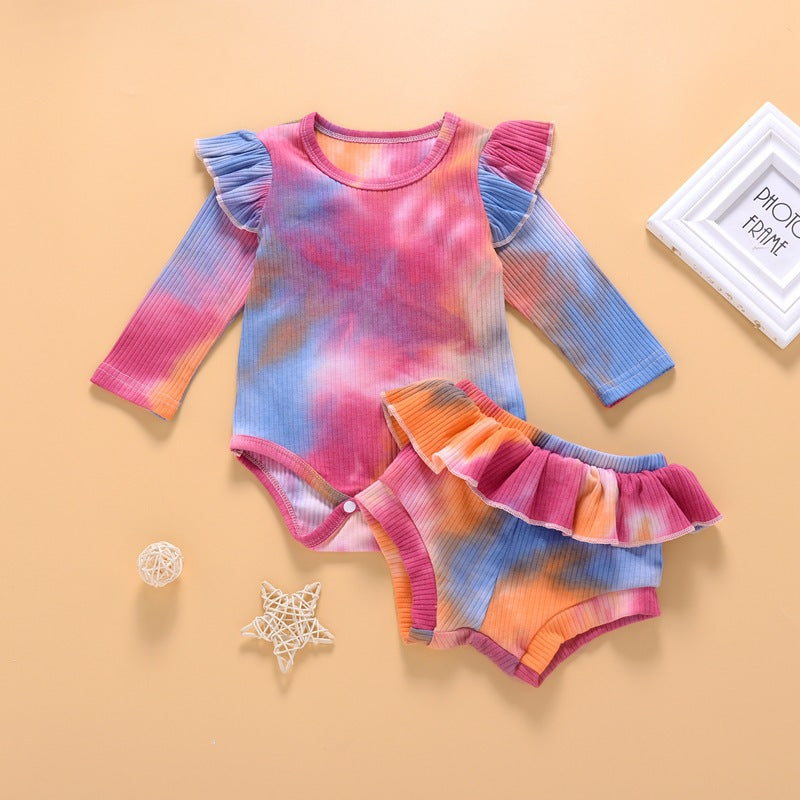 Baby Girl Briefs Suit Summer Long Sleeve Tie-dye Climbing Suit 2 Pcs Sets