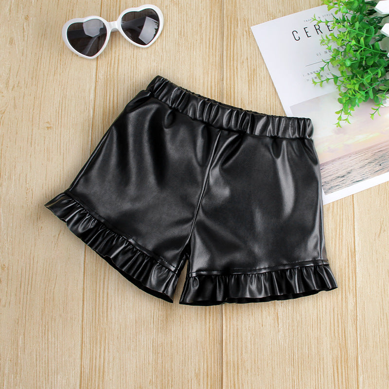 Kid Girls Fashion Leather Show Tall Slim Wide Leg Pants