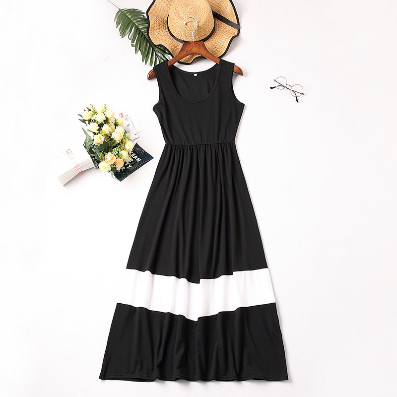 Family Matching Solid Color Patchwork Mother-daughter Vest Dresses