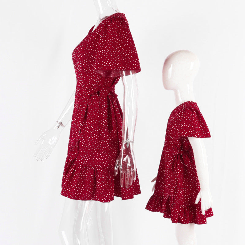 Family Matching Mother Daughte  Wave Point Wooden Loose Casual Dresses