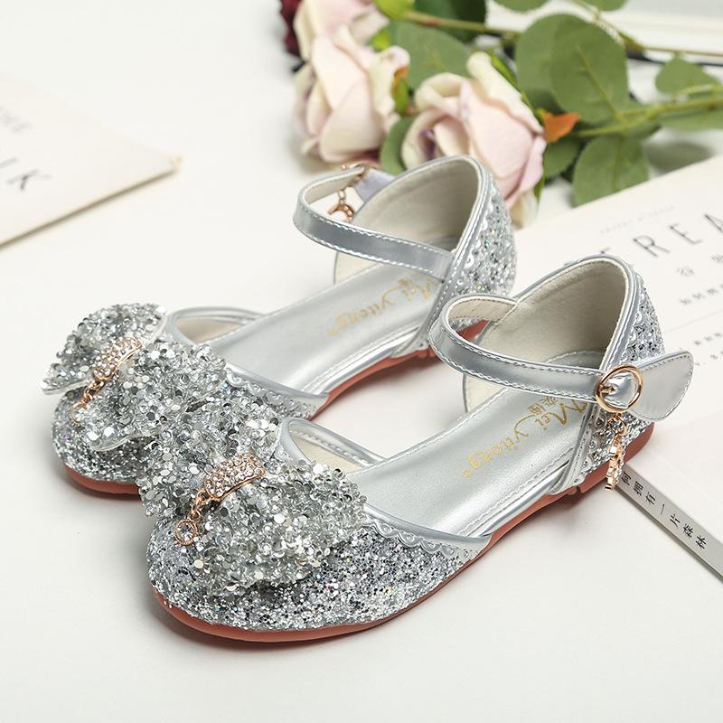Girl Leather Shoes with Rhinestone Sequined Princess Shoes