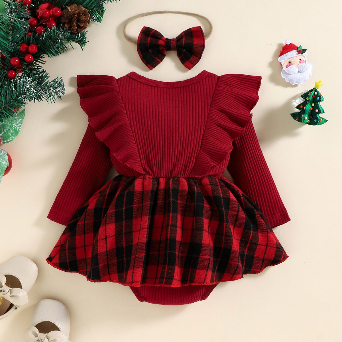 Baby Girls Red Pit Strip Plaid Christmas Climbing 3 Pcs Sets