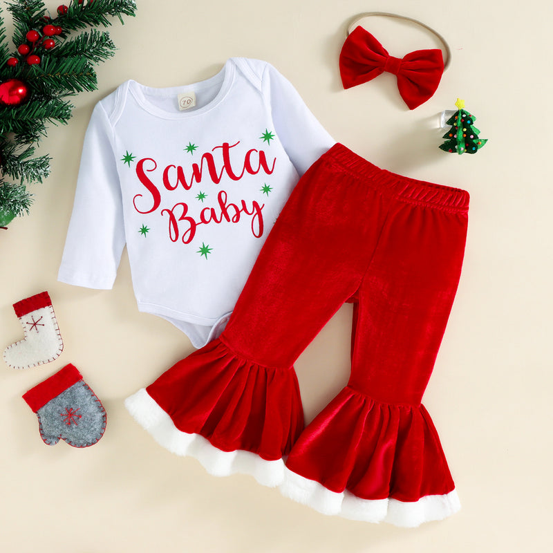 Baby Girl Christmas Autumn Winter Letter Velvet Splicing 2 Pcs Sets