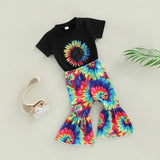 Kid Baby Girls Short Sleeved Flower Bell  Bottom 2 Pcs Sets