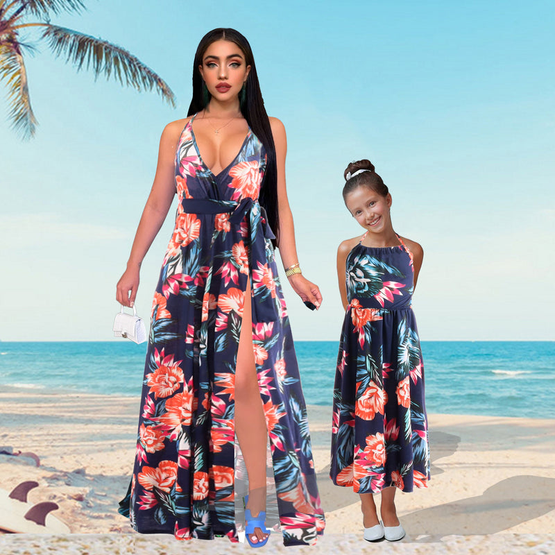 Family Matching Mother Daughter Halter Belt Flower Printed Garden Dresses