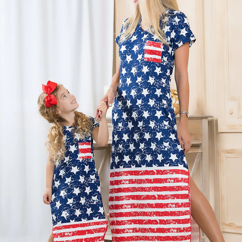 Family Matching Parent-child Mother Daughter Short Sleeve Flag Independence Dress