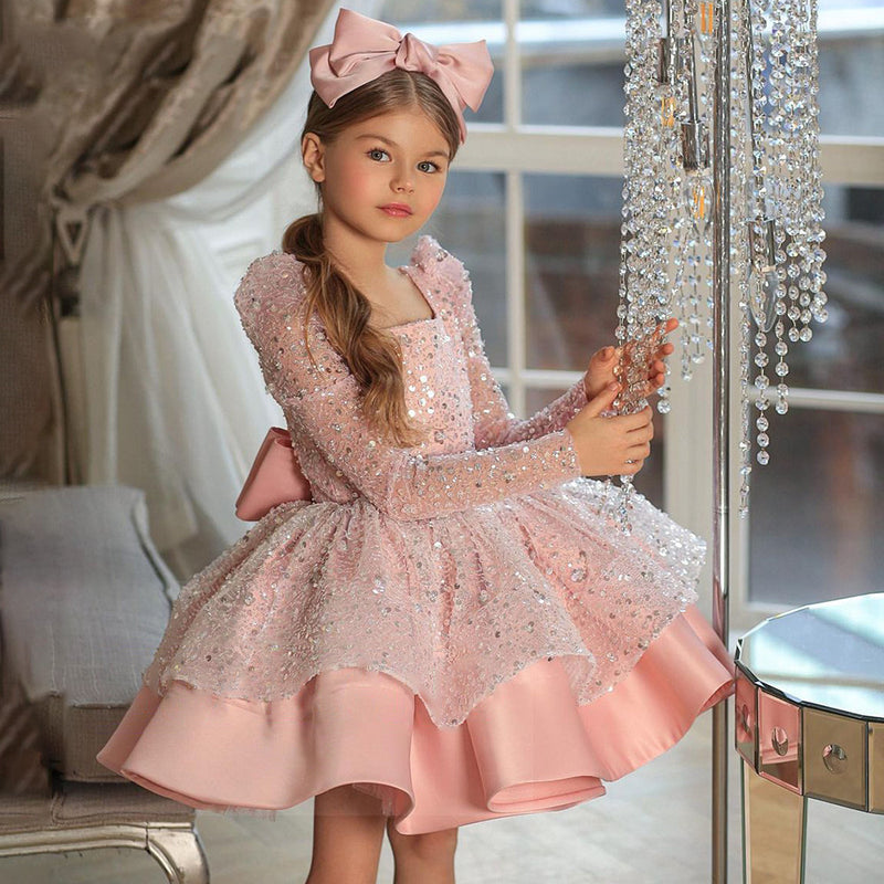Kid Girls Sequin Princess Bow Long Sleeve Birthday Dress