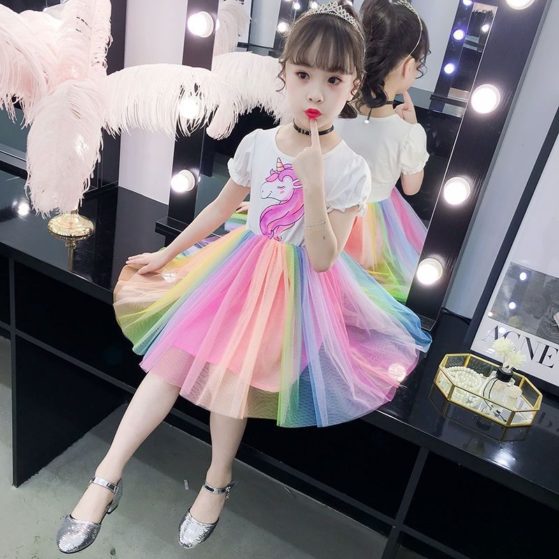 Kid Baby Girl Rainbow Unicorn Fashionable Casual Tide Dresses