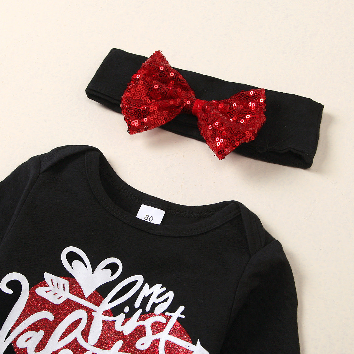 Baby Girl Valentine's Day Party Dress Black Long Sleeve 4 Pcs Sets