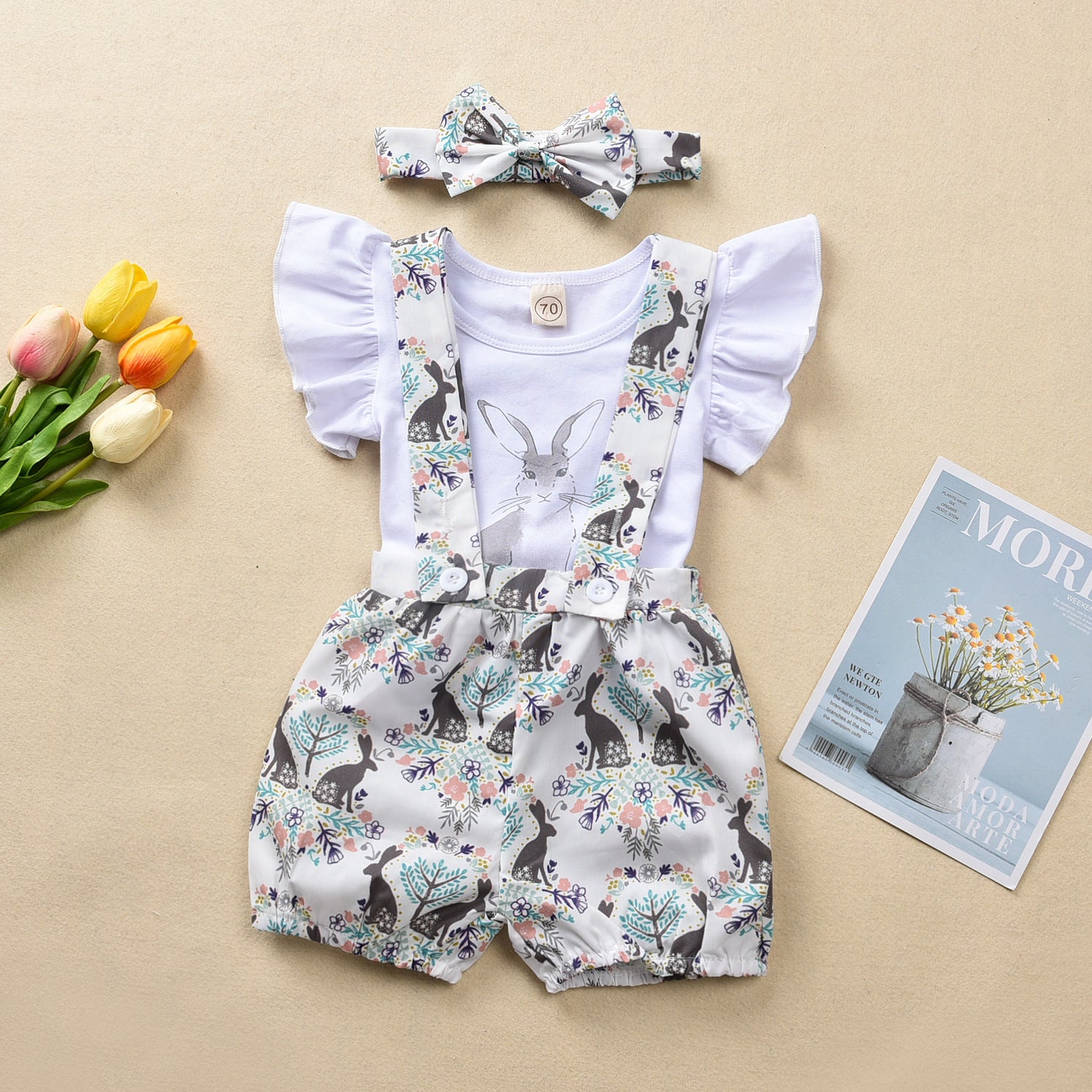 Baby Easter White Rabbit Printed Shorts 3 Pcs Set