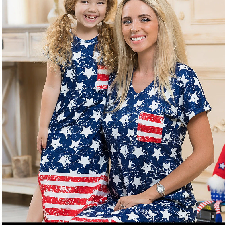 Family Matching Parent-child Mother Daughter Short Sleeve Flag Independence Dress