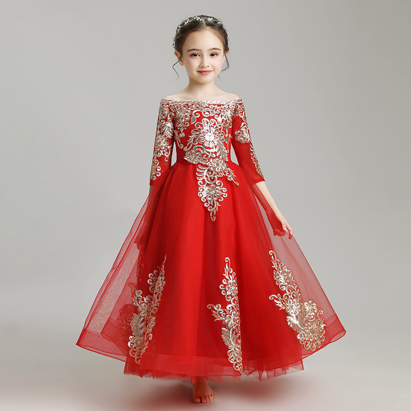 Kid Girl Flower Princess Peformance Long Sleeves Dresses