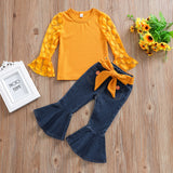 Kid Baby Girl Suit Pure Yellow Hooded Bell-bottom Sets 2 Pcs