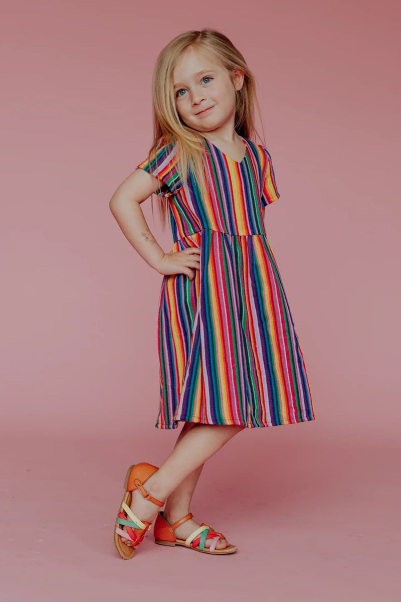 Family Matching Parent-child Rainbow Stripe Print V Collar Dress