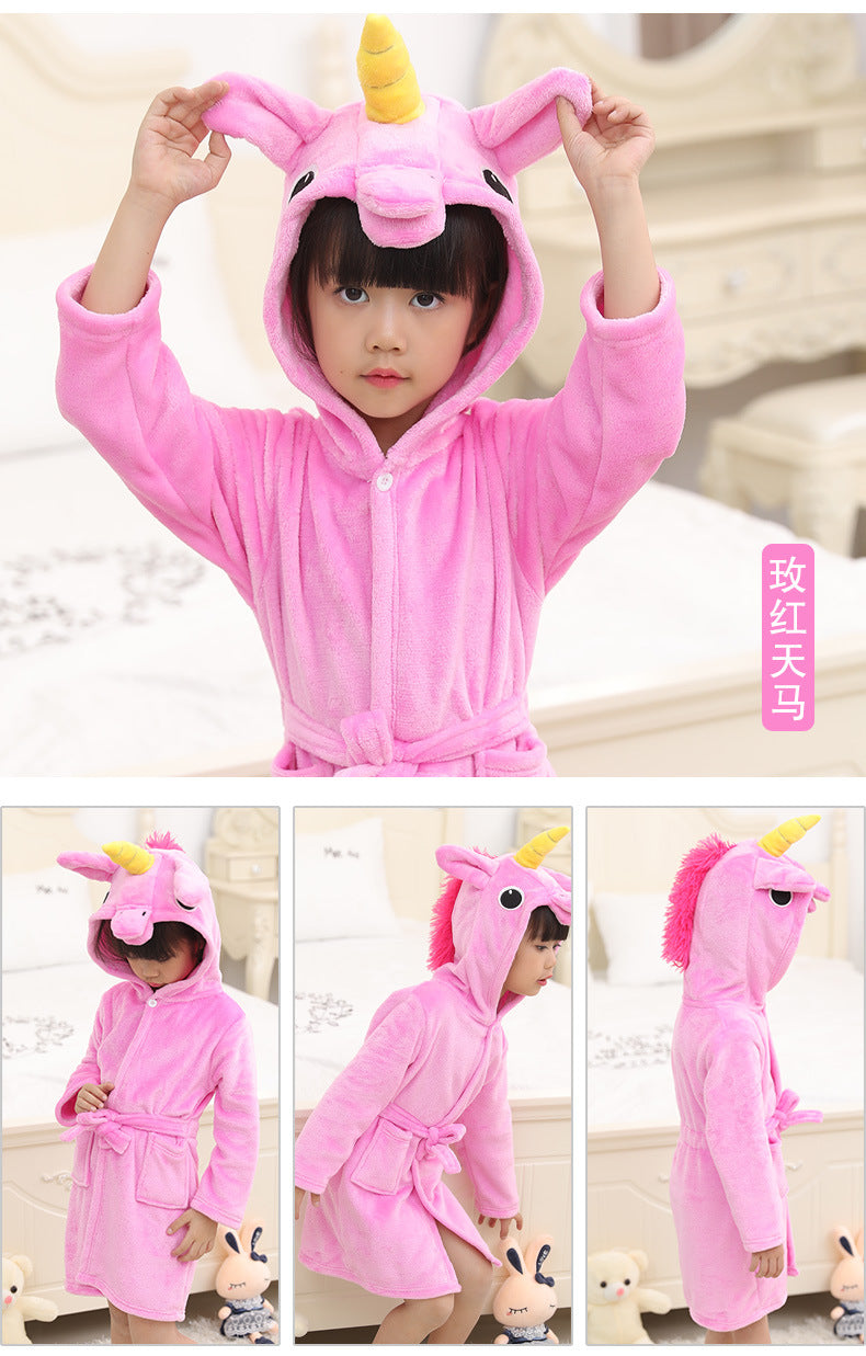 Kid Girl Flannel Pegasus Bathrobe Animal Gown Rainbow Cartoon Pajamas