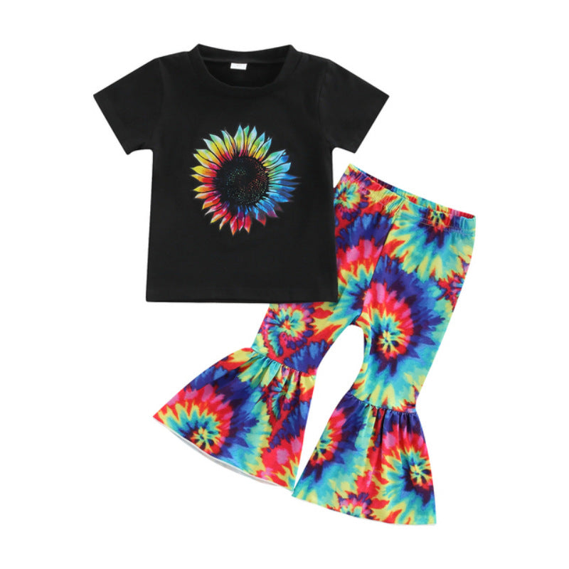 Kid Baby Girls Short Sleeved Flower Bell  Bottom 2 Pcs Sets