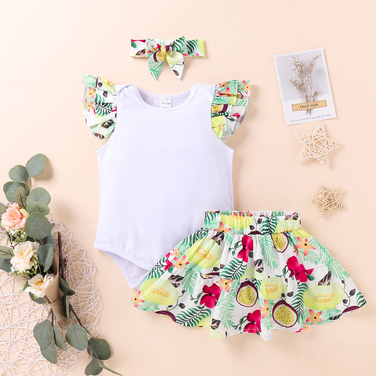 Baby Girls Flying Sleeves Round Collar Ins Fashion 3 Pcs Set