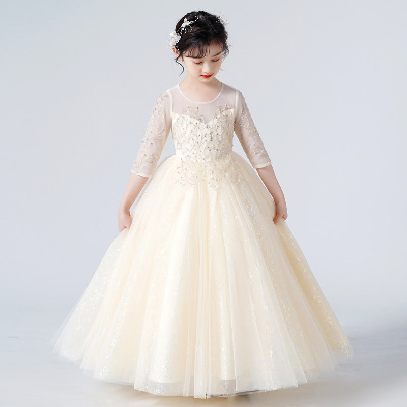 Kid Girls Gauze Sleeve Sequined Fluffy  Flower Sweet Princess Show Dresses