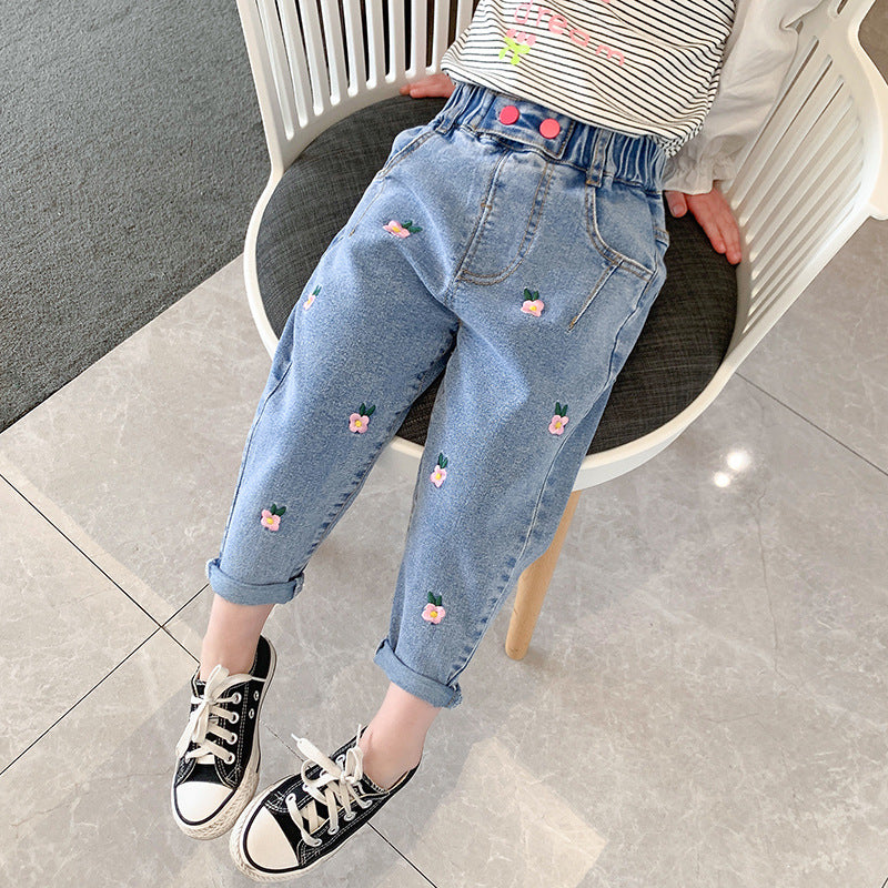 Kid Girls Flower Jeans Foreign Casual Trousers Spring Autumn Pants