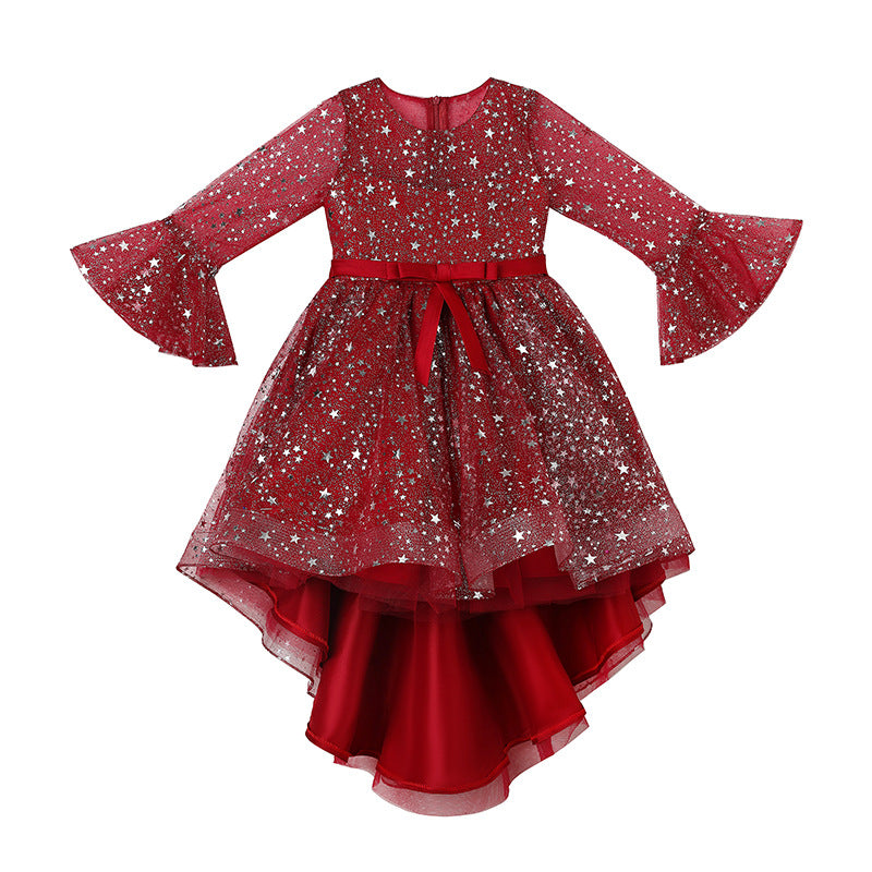 Kid Girl Princess Performance Horn Sleeve Flower Long Tail Dresses
