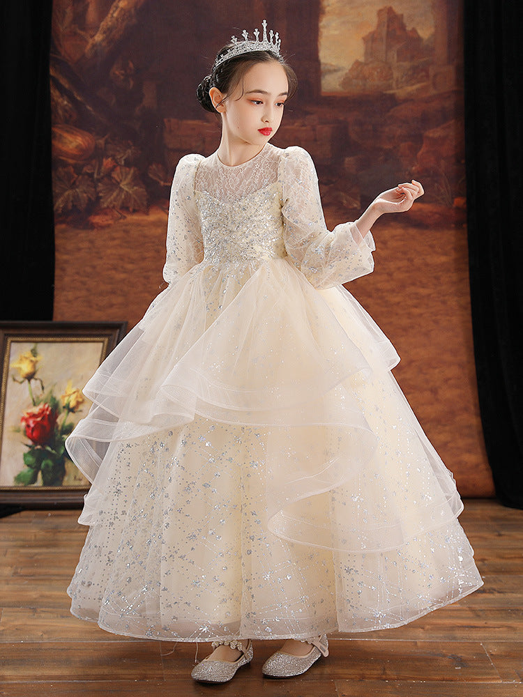 Kid Girl Flower Little Host Piano Performance Long Sleeve Dress