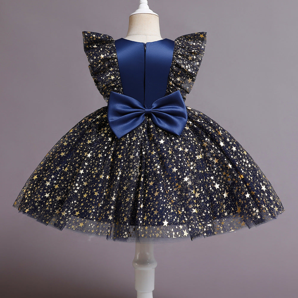 Kid Baby Girls Flying Sleeve Princess Star Mesh Pompous Dresses