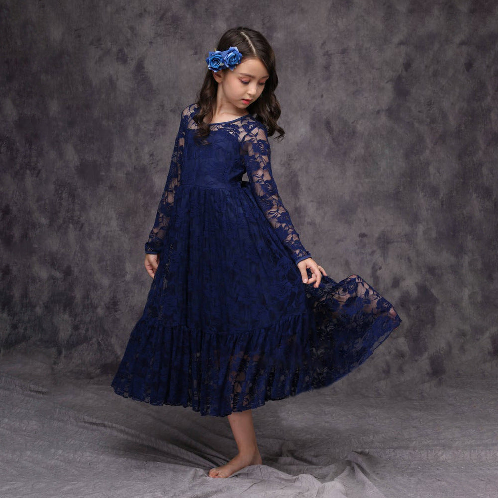 Kid Girl Long Lace Rose Embroidered Flower Mesh Yarn Dresses
