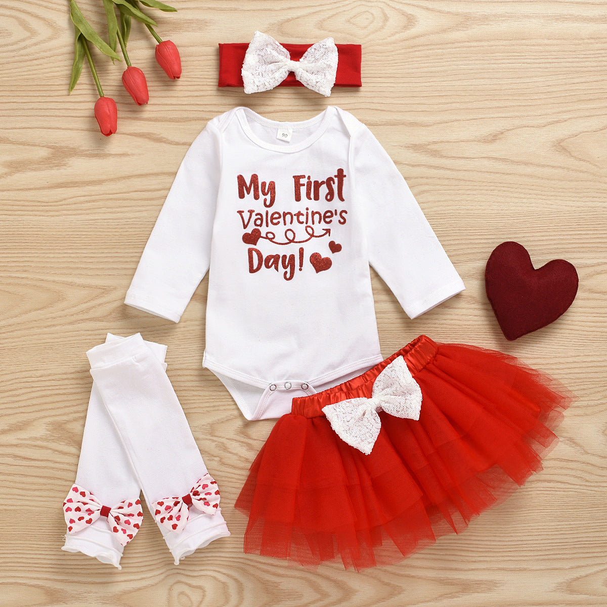 Baby Girl Valentine's Day Party Dress Black Long Sleeve 4 Pcs Sets