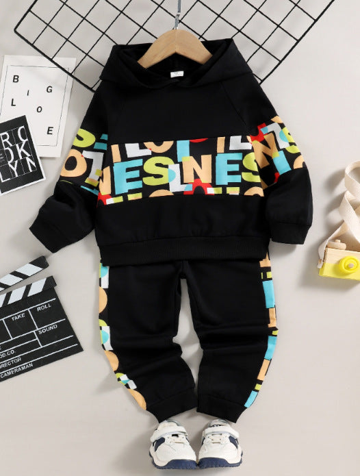Kid Boys Autumn Winter Sports Letter Splicing Hooded 2 Pcs Sets