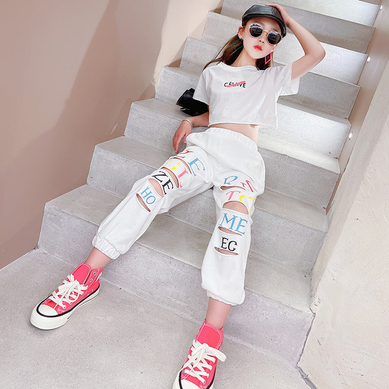 Kid Teenager Girls Summer Fashion Streetwear Ripped Cotton 2 Pcs Sets