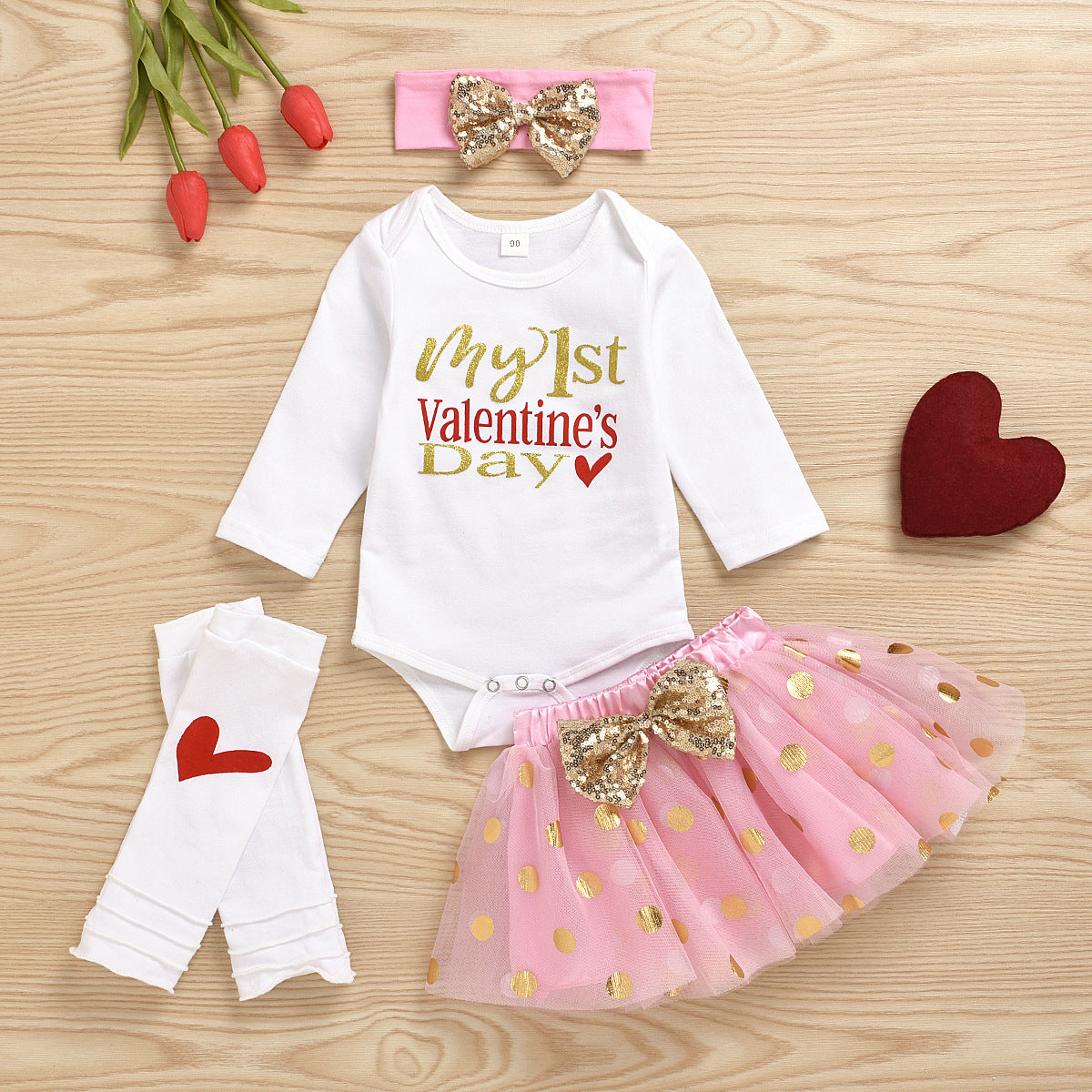 Baby Girl Valentine's Day Party Dress Black Long Sleeve 4 Pcs Sets