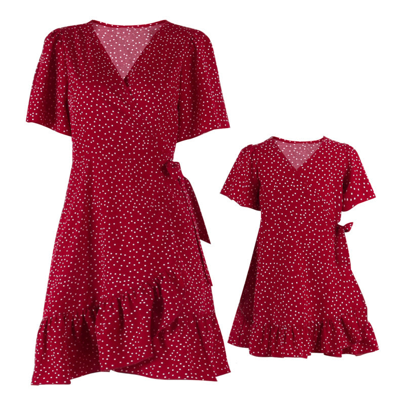 Family Matching Polka Dot Agaric Hem Strap Loose Dresses