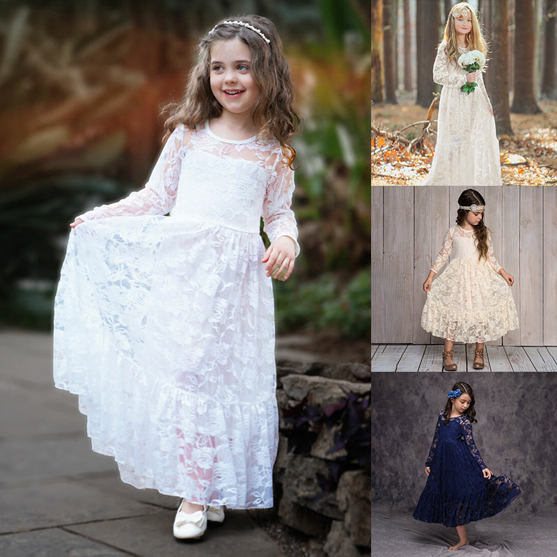 Kid Girl Long Lace Rose Embroidered Flower Mesh Yarn Dresses