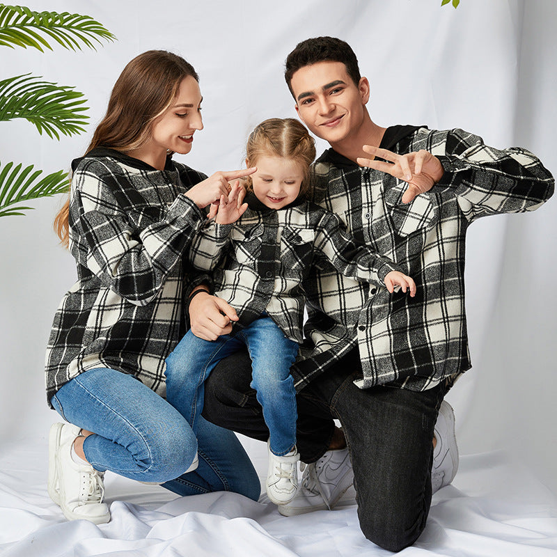 Family Matching Adult Kid Padded Black Plaid Hooded Shirt