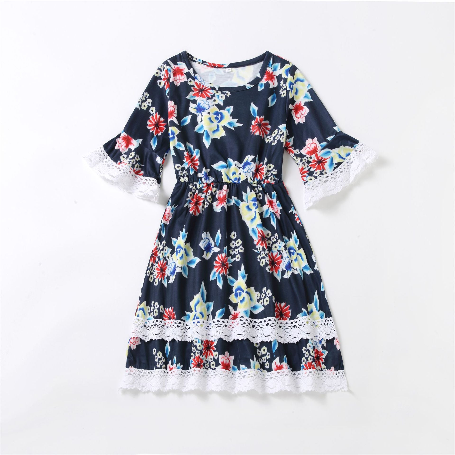 Family Matching Parent-child Flower Print Lace Stitching Dress