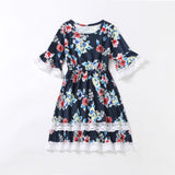 Family Matching Parent-child Flower Print Lace Stitching Dress