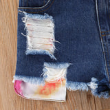 Summer Kid Baby Girls Suit Tie-dyed Ripped Denim Shorts 3pcs