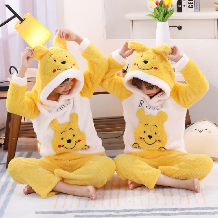 Kid Baby Boy Girl Plush Pajamas Cartoon Hooded Thickened Coral Pajamas