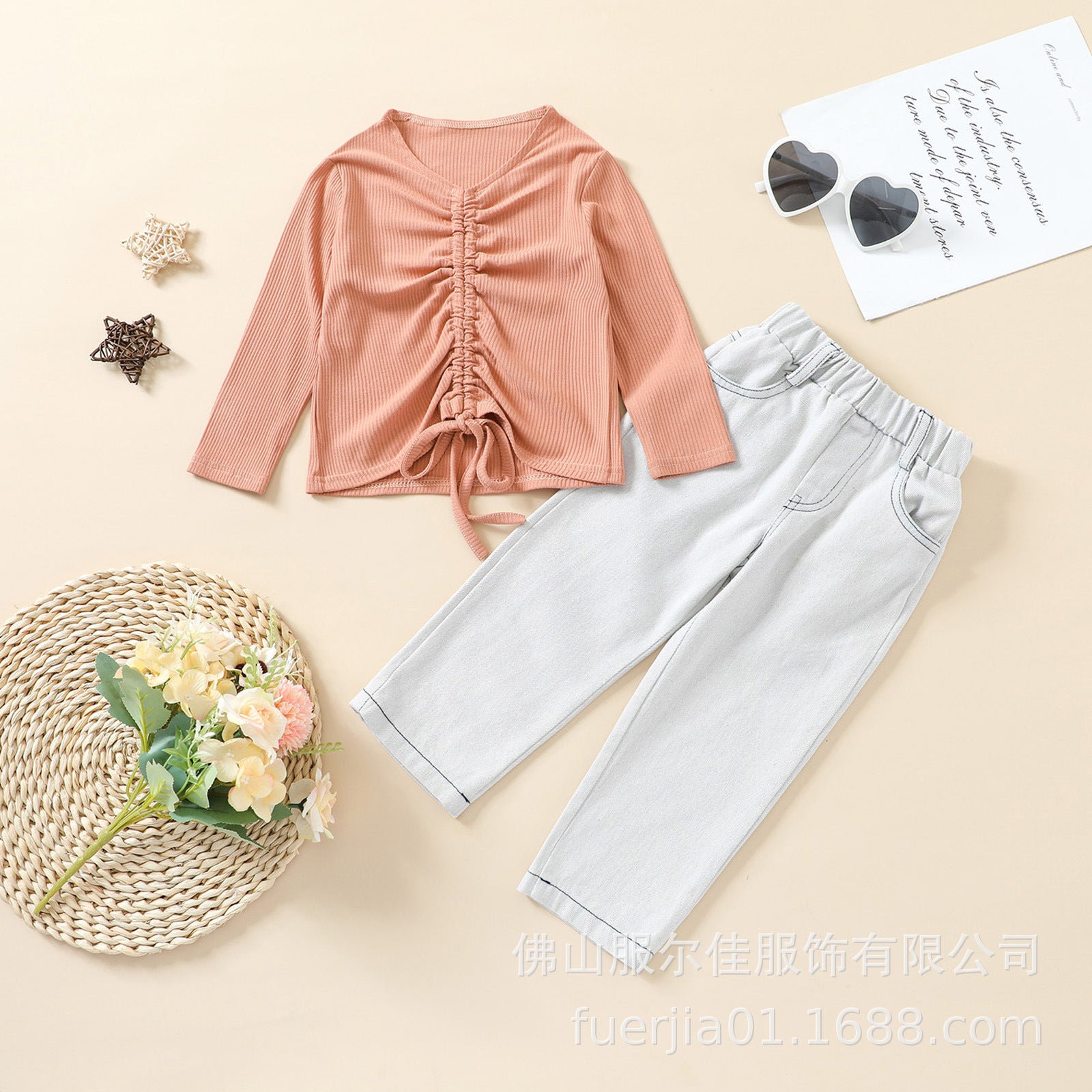 Kid Baby Girl Long Sleeve Solid Knit  Denim Fashion Outfits 2 Pcs Sets