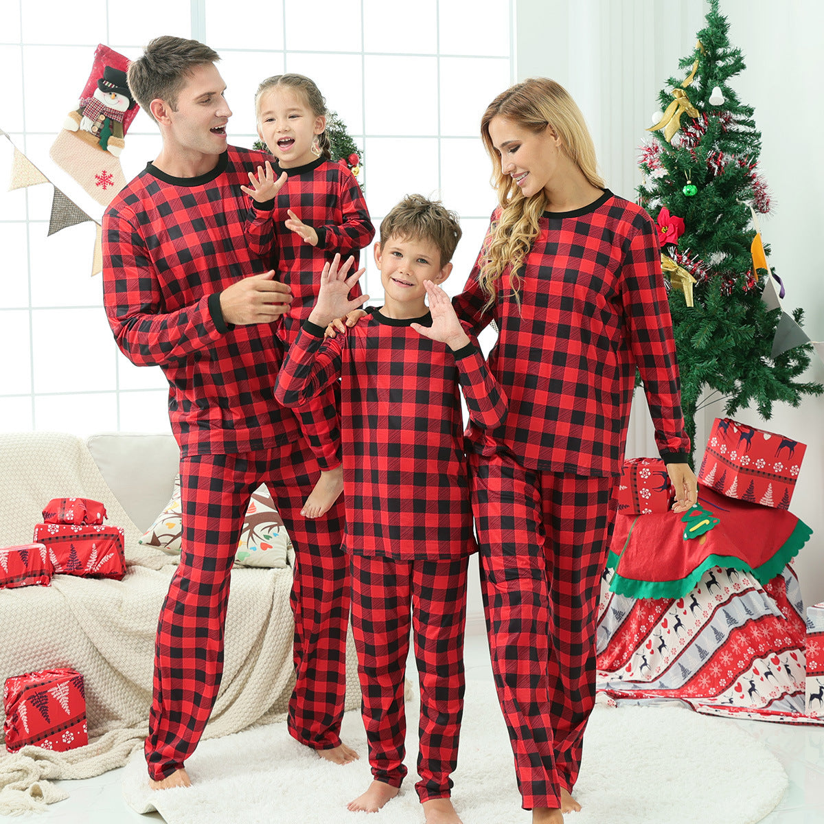 Family Matching Christmas Home Red Plaid Long-sleeved Pajamas