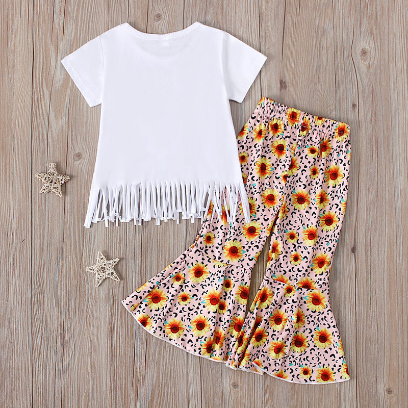 Kid Baby Girl Cow Short Sleeve Tassel Ins 2 Pcs Set