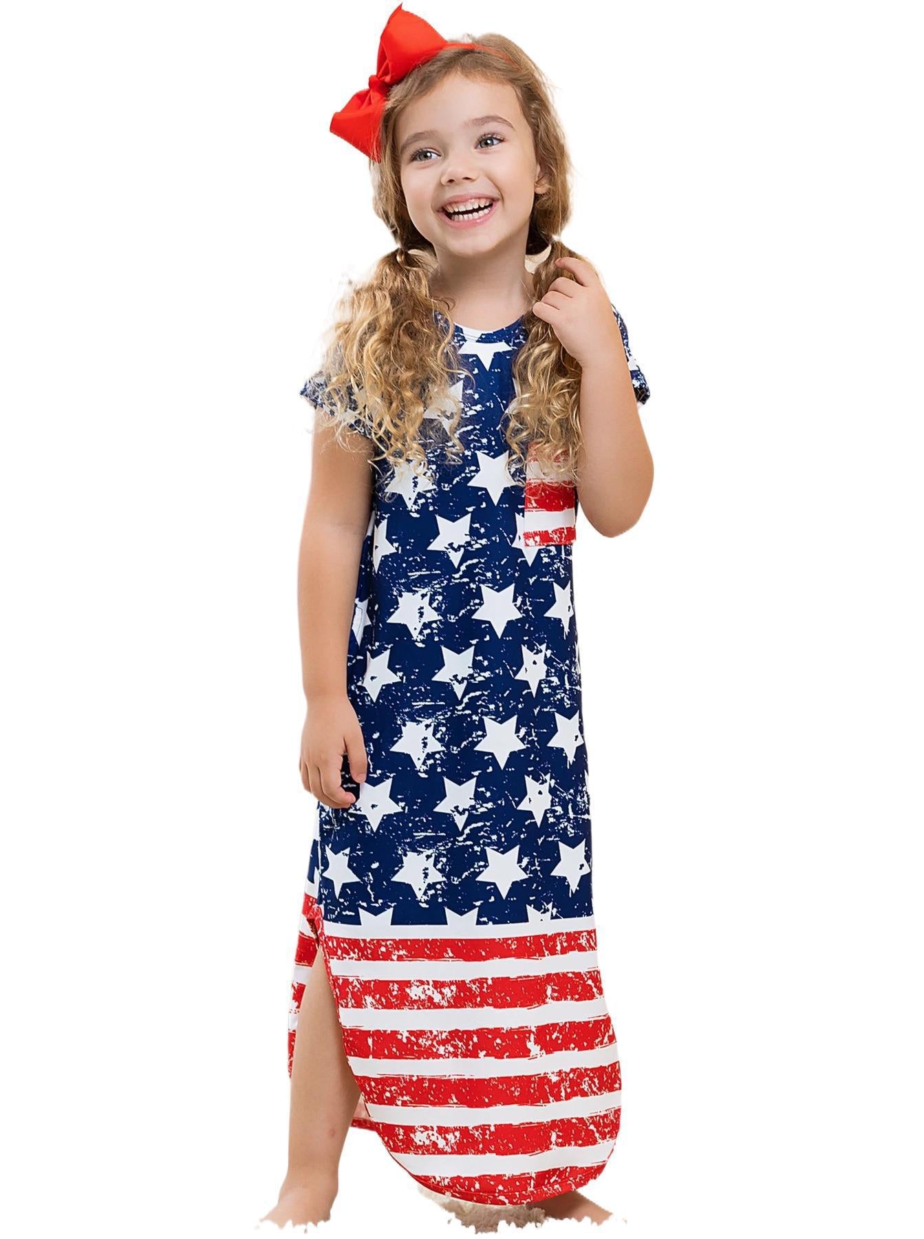Family Matching Parent-child Mother Daughter Short Sleeve Flag Independence Dress