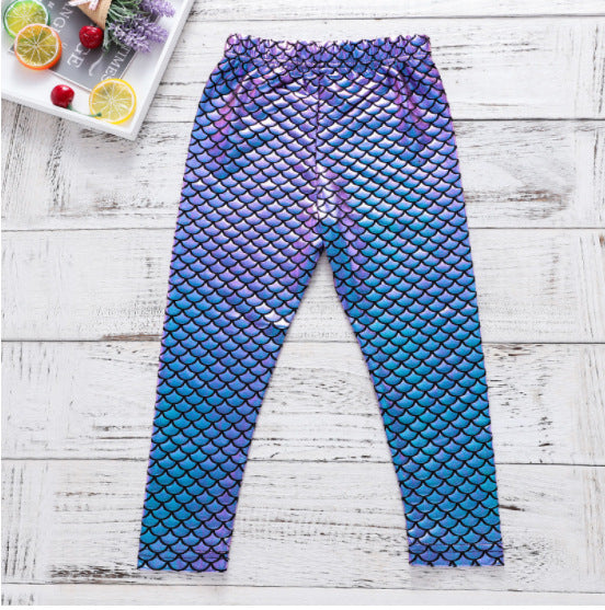Kid Baby Girl Pants Blue Magic Color Fish Scale Gradual Leggings
