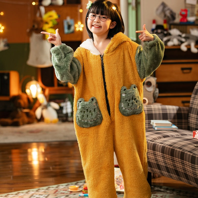 Kid Boy Thick Coral Velvet One-piece Cartoon Warm Flannel Pajamas