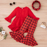 Girl Suit Valentine's Day Solid Color Top Plaid Heart Flared Set 2 Pcs