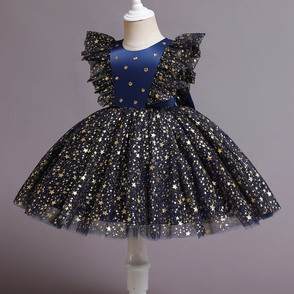 Kid Baby Girls Flying Sleeve Princess Star Mesh Pompous Dresses