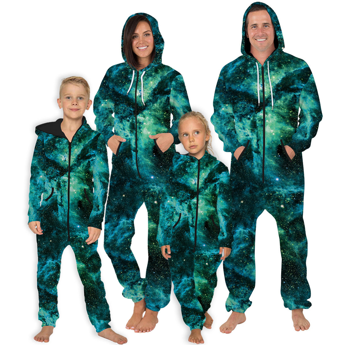 Family Matching Star Digital Print Fashion Zipper Long Sleeve Pajamas