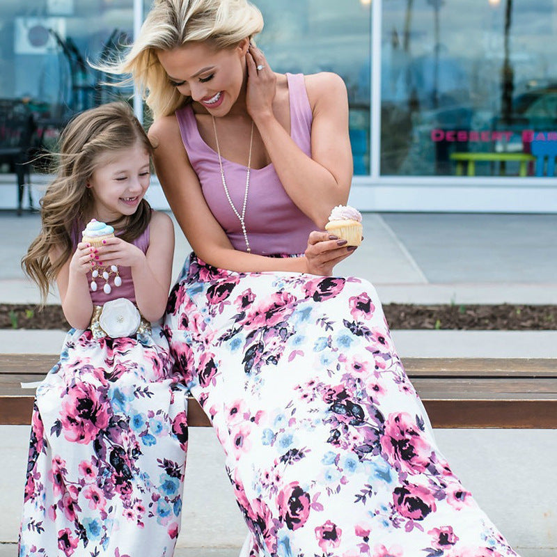 Family Matching Mother-daughter Round Collar Printing Loose Pastoral Dresses
