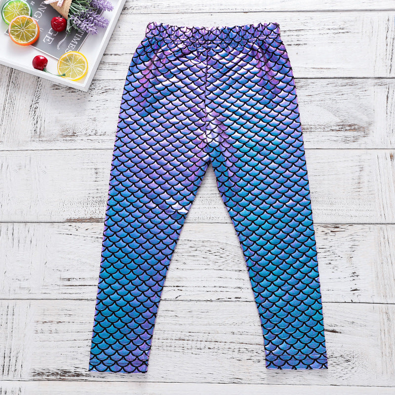 Kid Baby Girl Pants Blue Magic Color Fish Scale Gradual Leggings